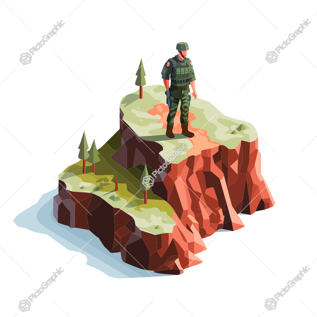 Stylized illustration of a soldier on a cliff.