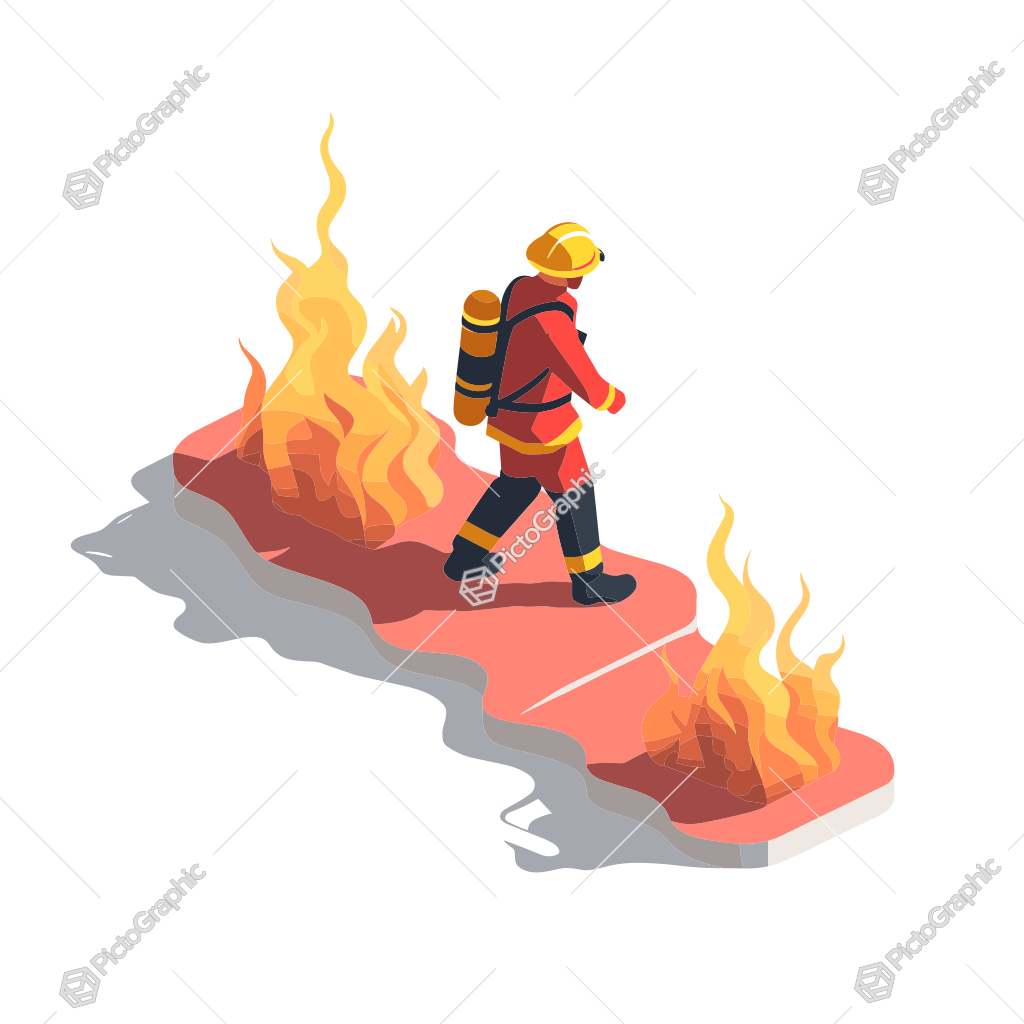 A firefighter walking through flames.