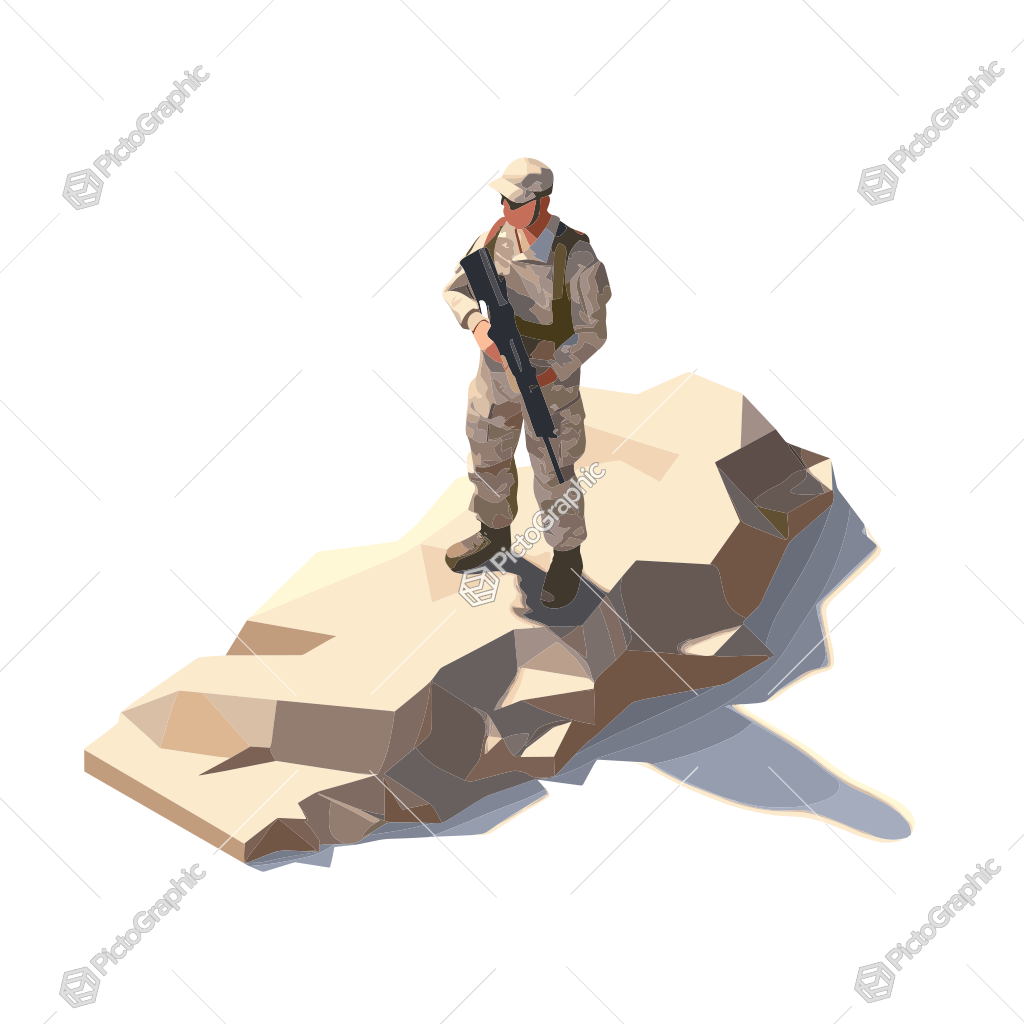 A low-poly soldier standing on a rock with a rifle