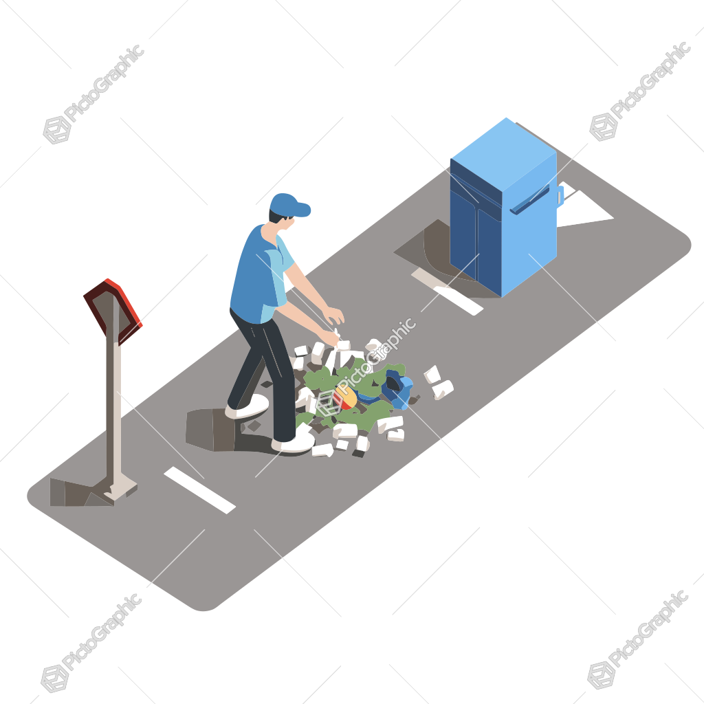 A person is sweeping trash near a dumpster and a mailbox on the side of a road.