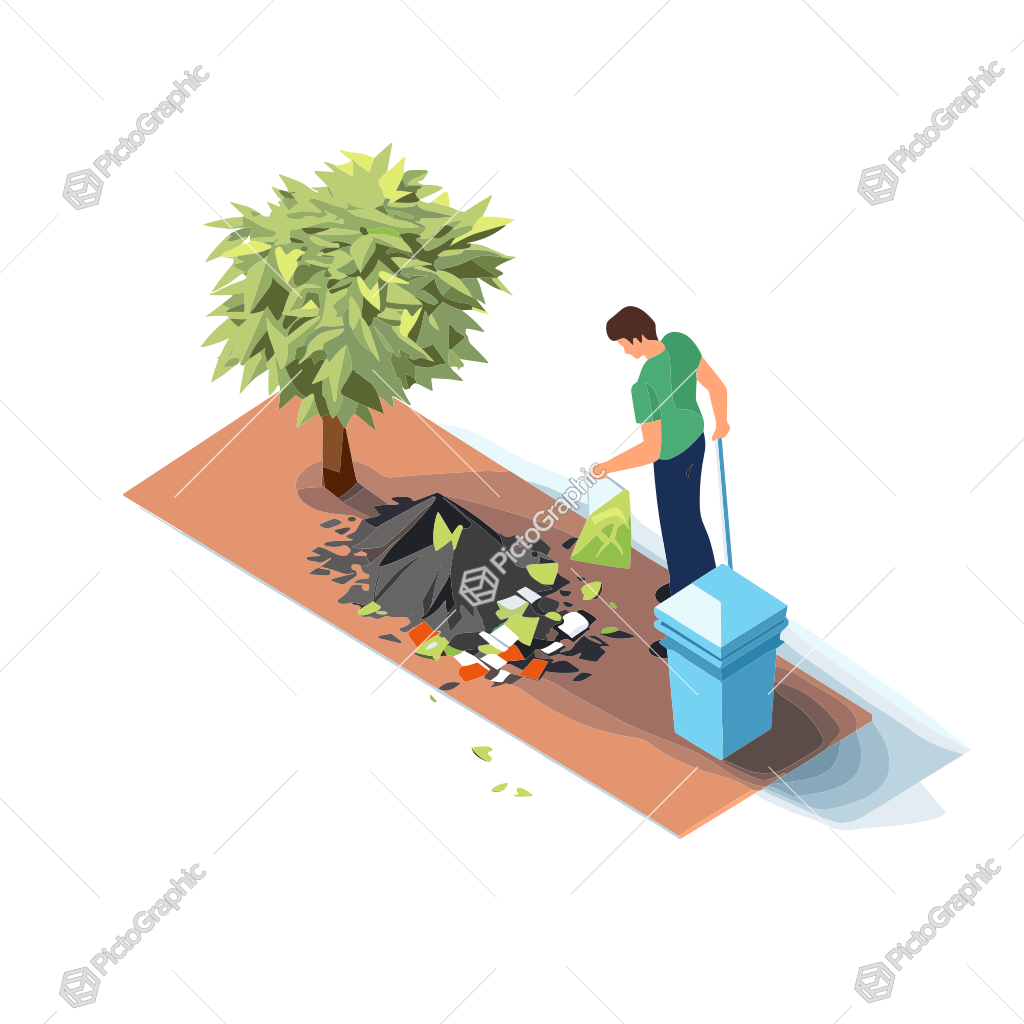 This is an illustration of a person cleaning up litter by a tree using a dustpan and brush, with a blue wheeled bin nearby.