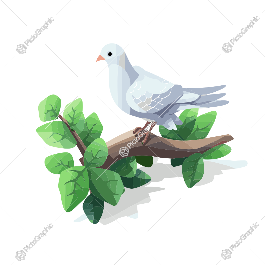 A white dove on a branch with green leaves.