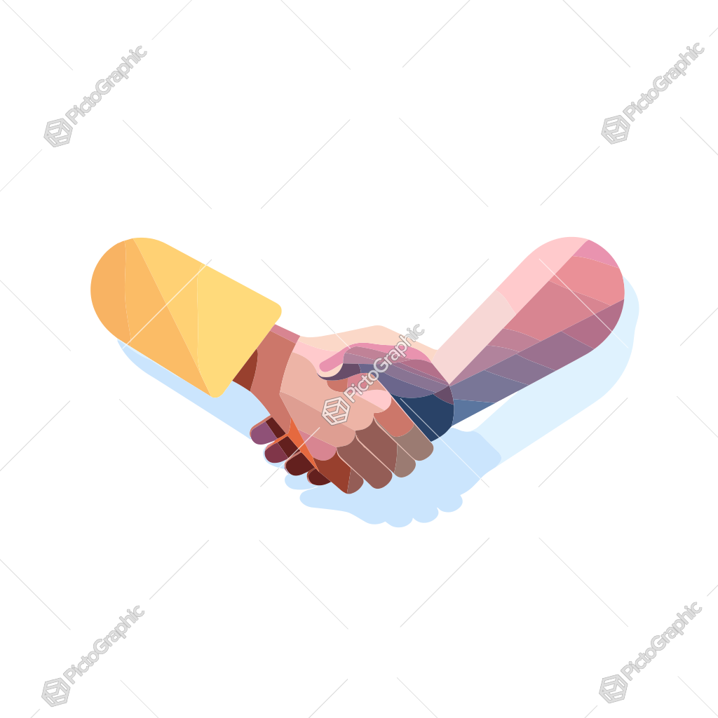 The image shows a stylized illustration of a handshake