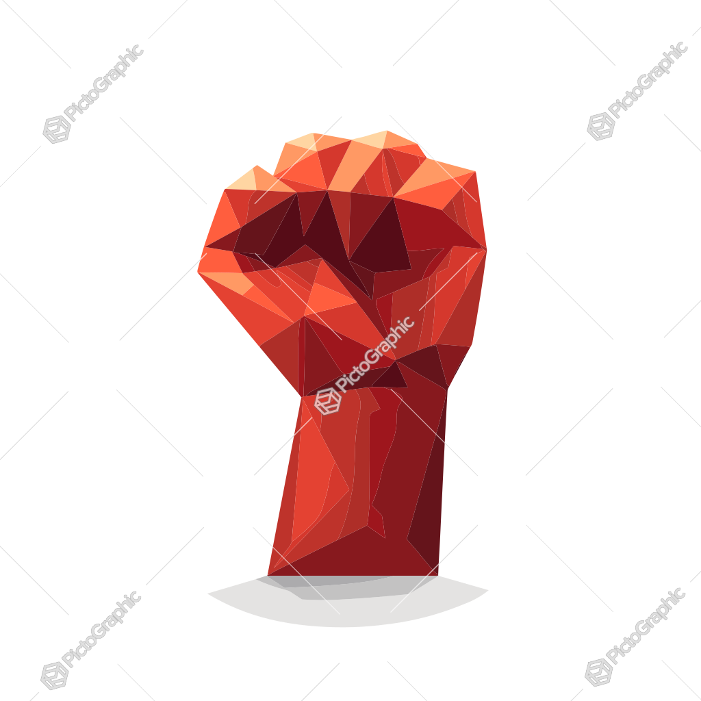 A stylized low-poly illustration of a raised clenched fist.