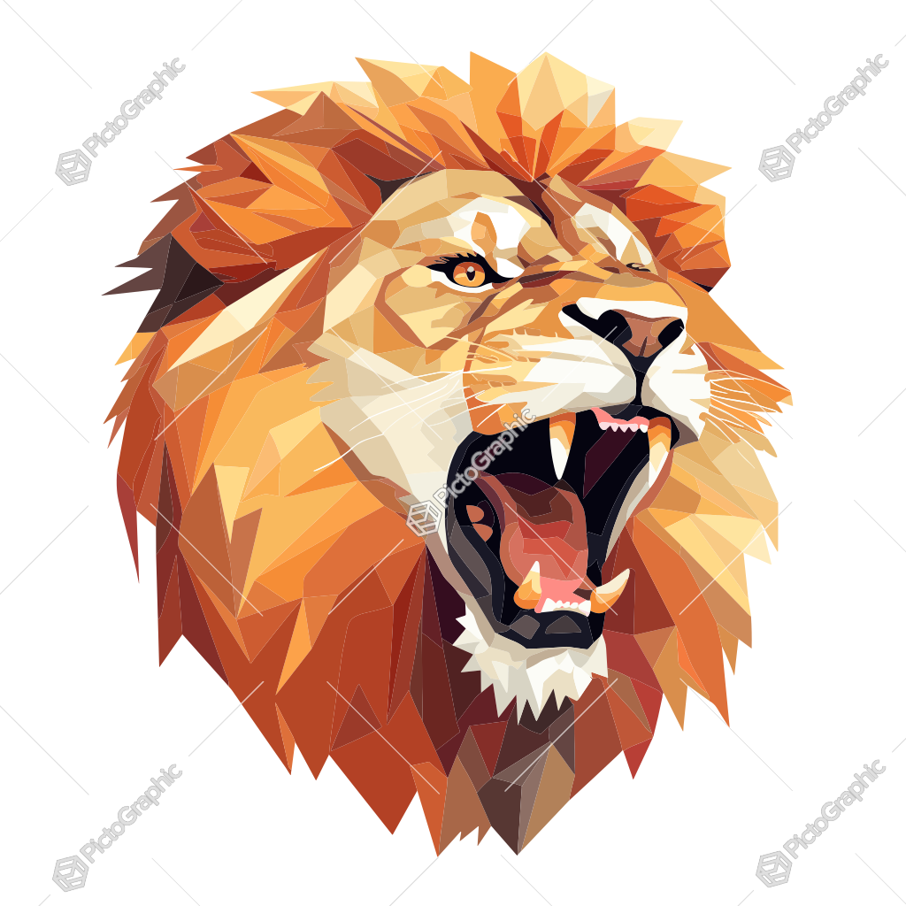 A low-polygon art depiction of a roaring lion.