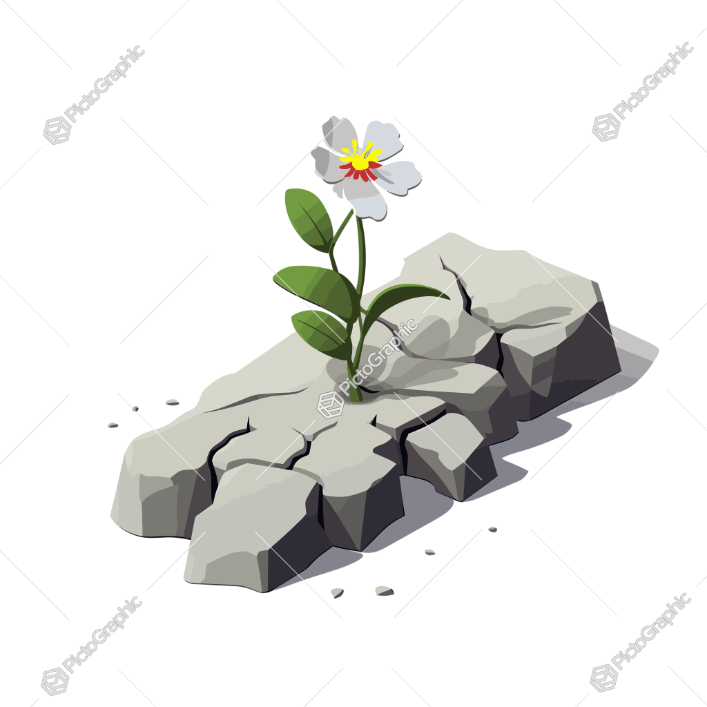 The image illustrates a flower growing out of a cracked rock.