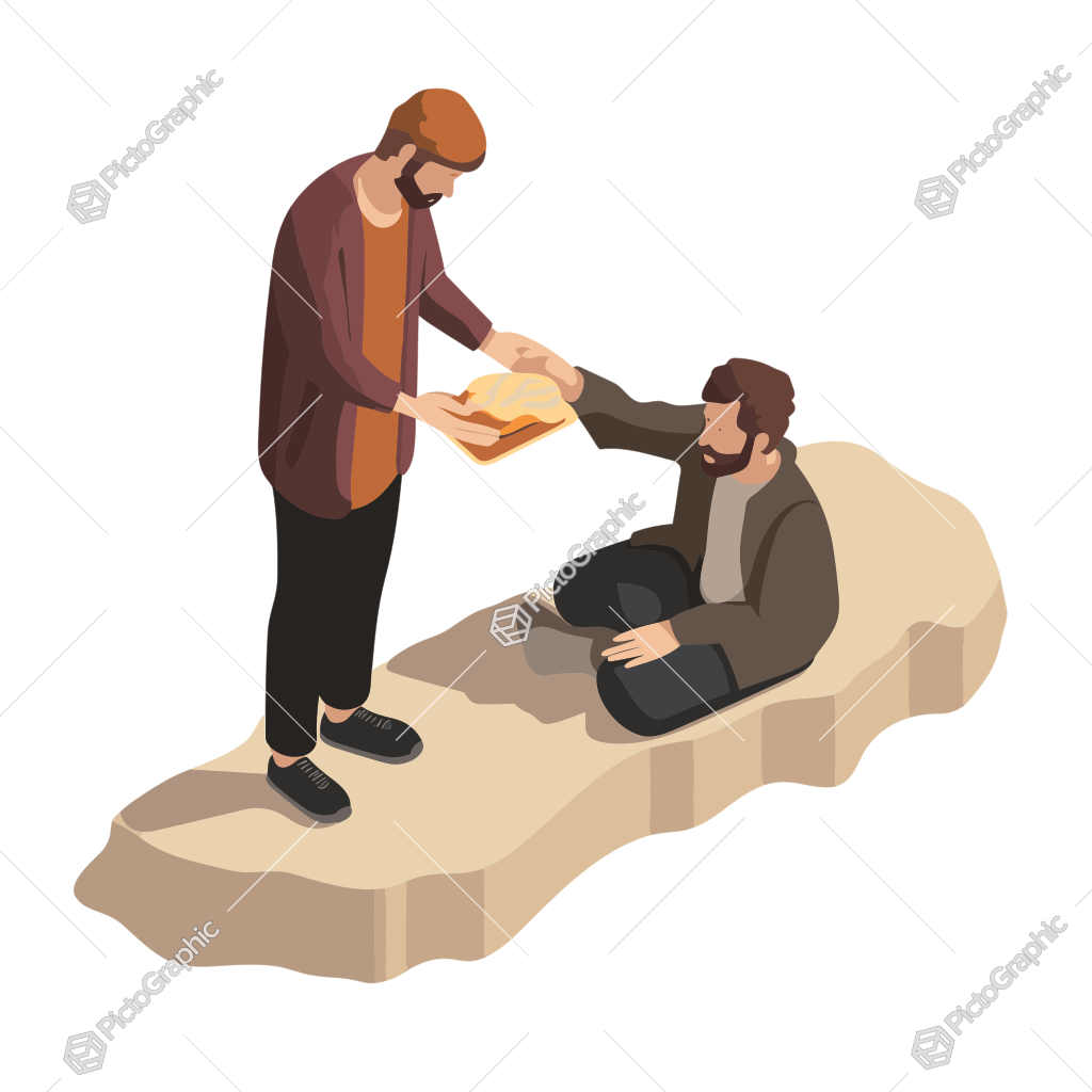 A standing person is giving bread to a sitting person.