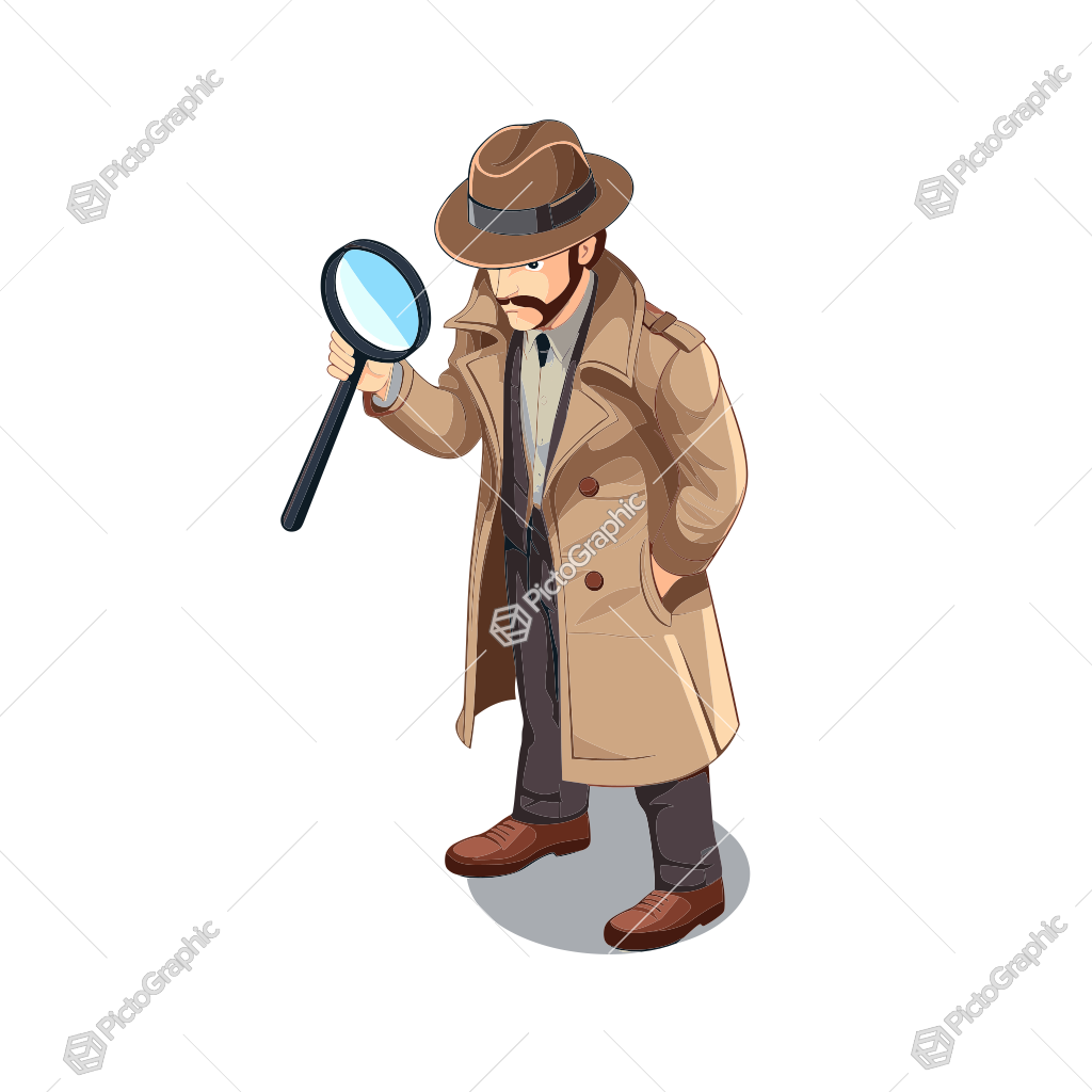 A cartoon detective examining something with a magnifying glass.