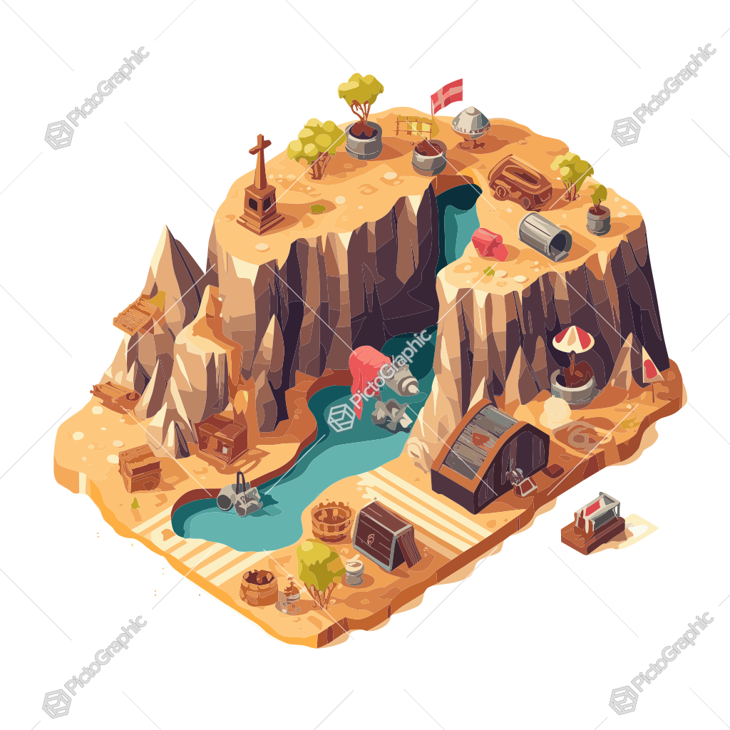 The image is a stylized, fantasy-themed depiction of a floating island with various adventure and pirate elements.