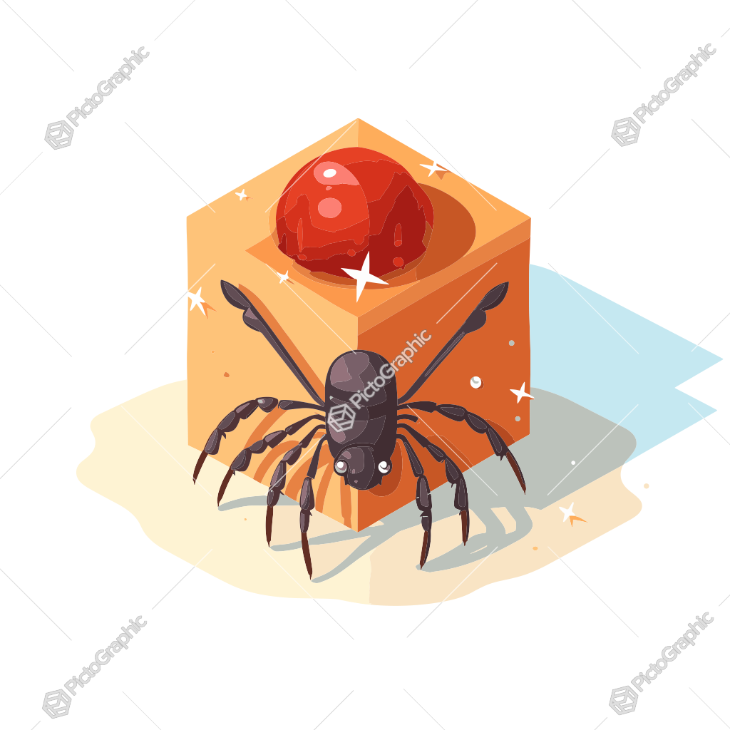 A stylized illustration of a shiny spider with a sparkling orange and red hexagonal gem positioned atop it.