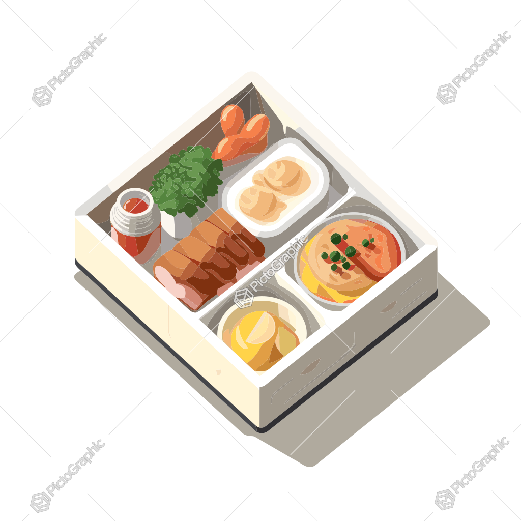 This image is a stylized illustration of a bento box with various Japanese foods, including sushi, salmon, and accompaniments.