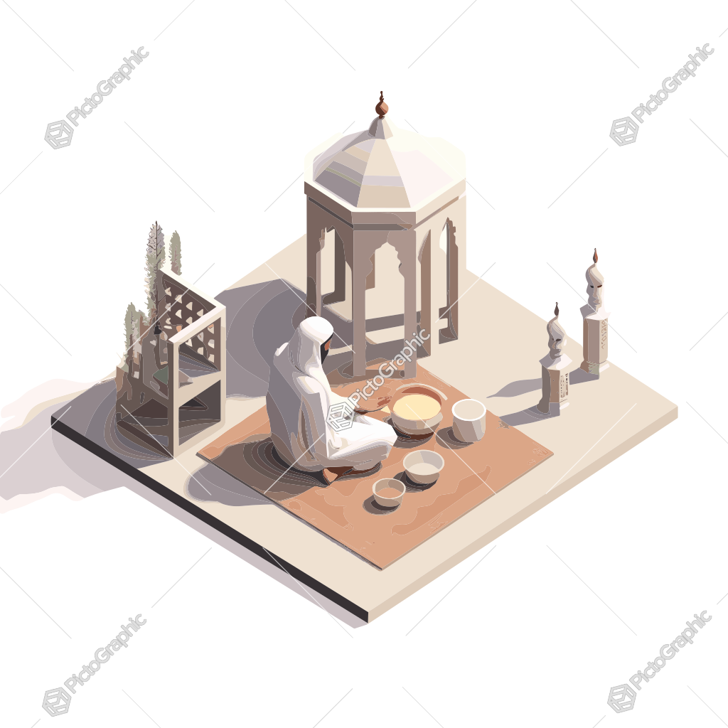 A serene scene featuring a robed figure, a small pavilion, and plant life in a stylized middle eastern setting.