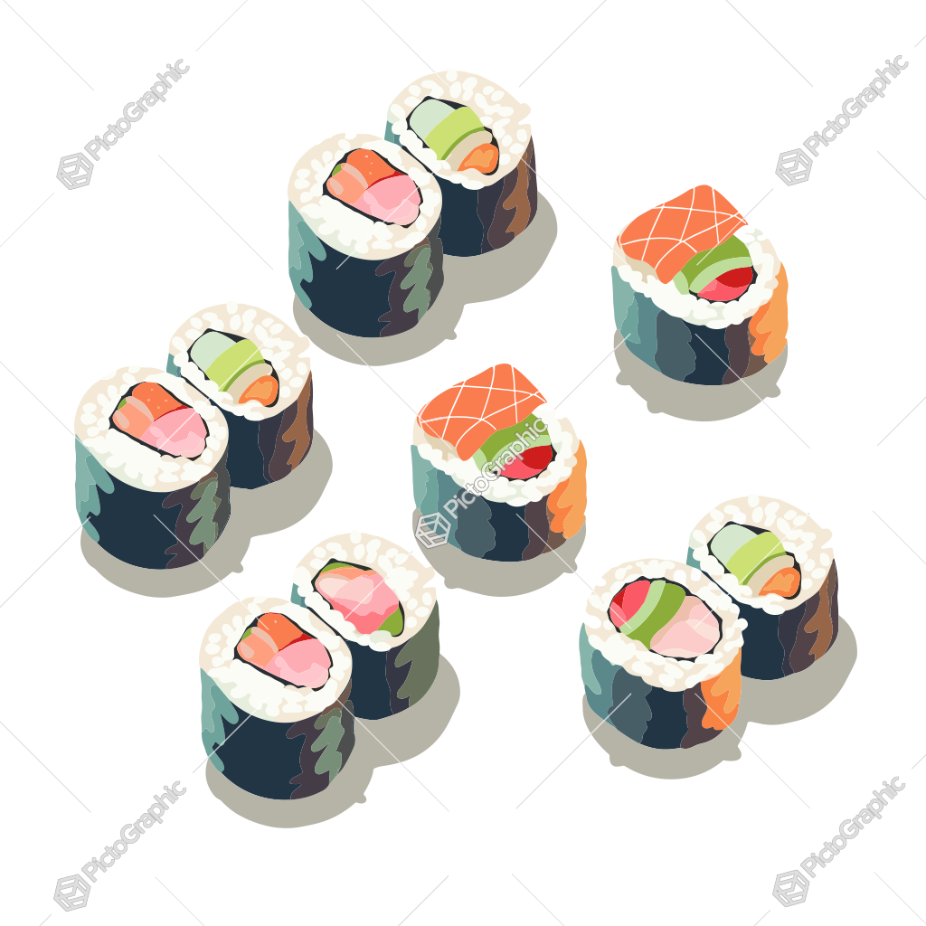 Illustration of various sushi rolls.