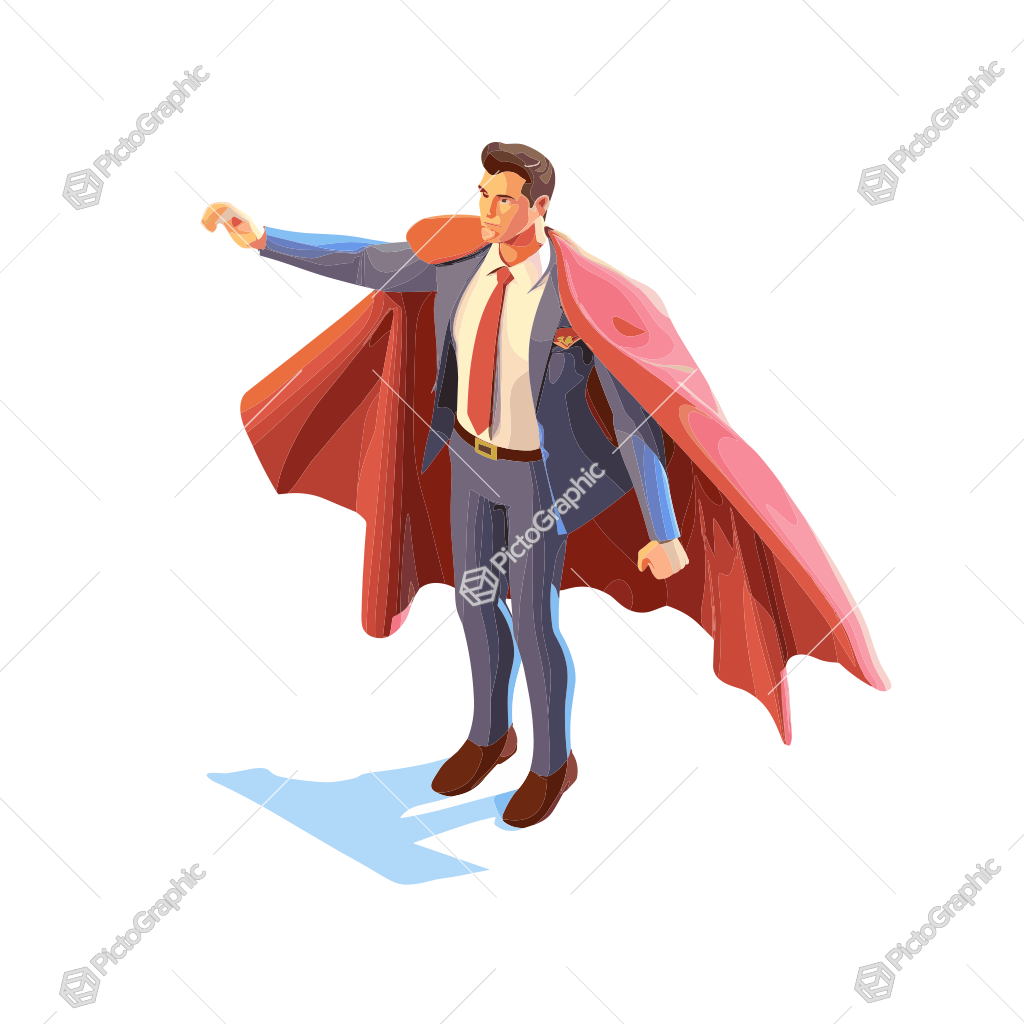 The image shows an illustrated superhero in business attire.