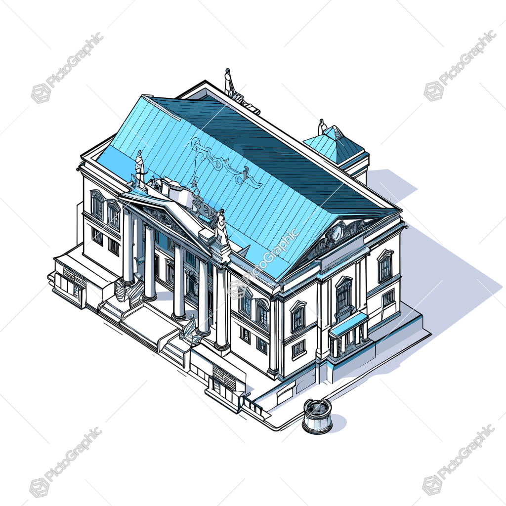 An isometric illustration of a classical building with a blue roof.