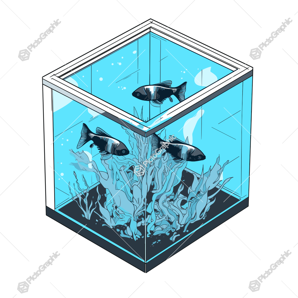 Stylized illustration of an aquarium with two fish swimming among white, twisty branches.