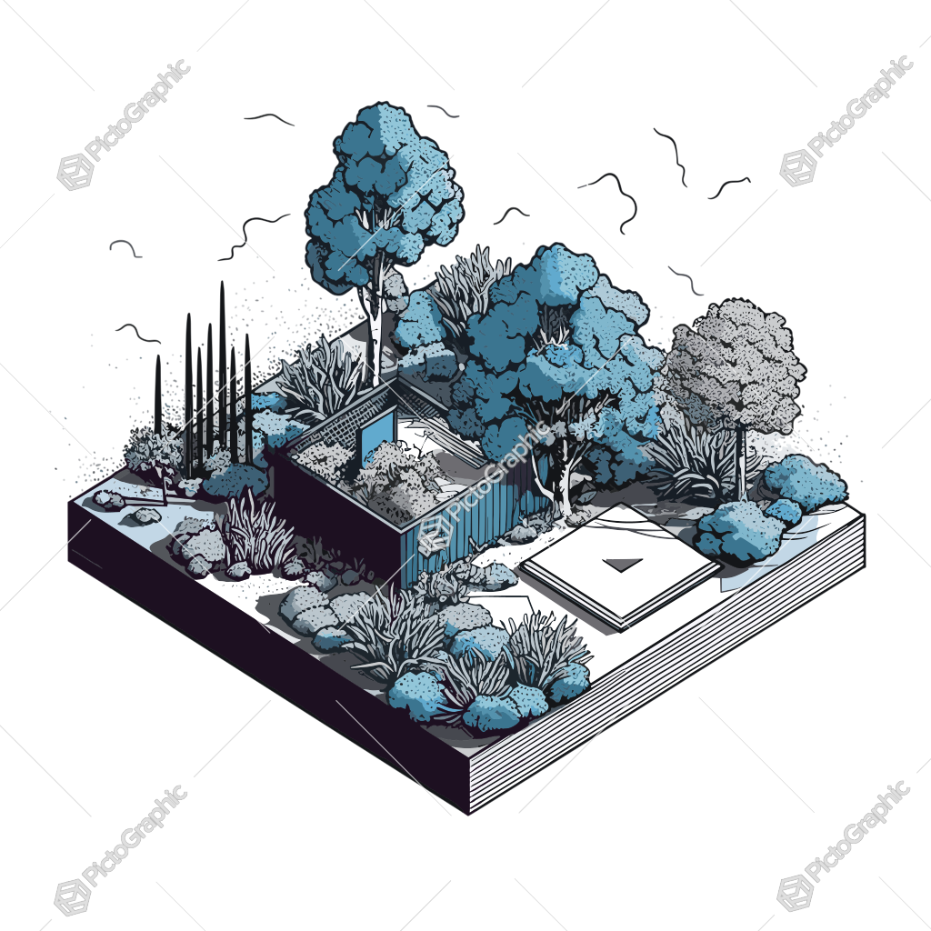 This image is an illustration of a stylized garden with a modern structure, trees, and a patio area.