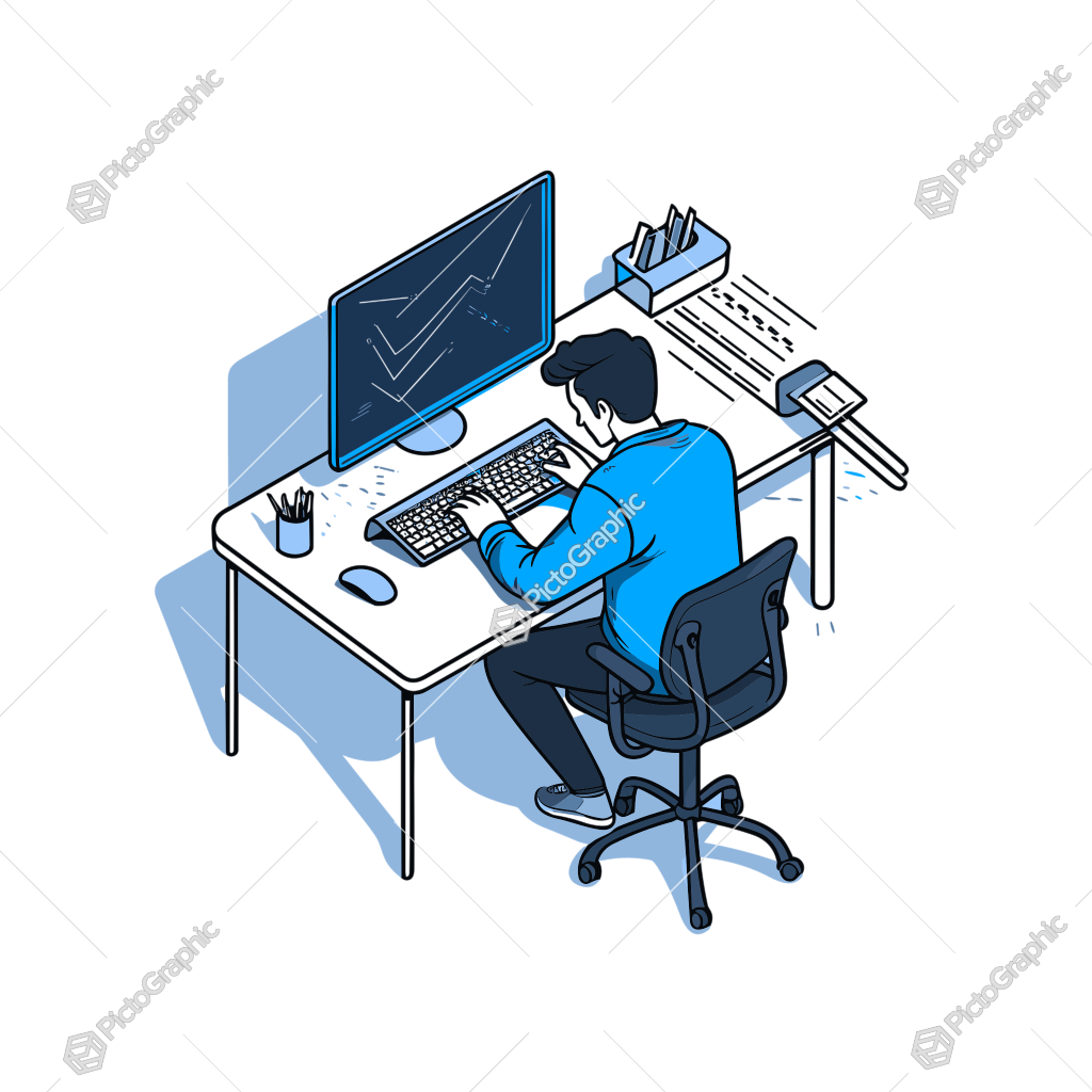 A man working at a computer desk.