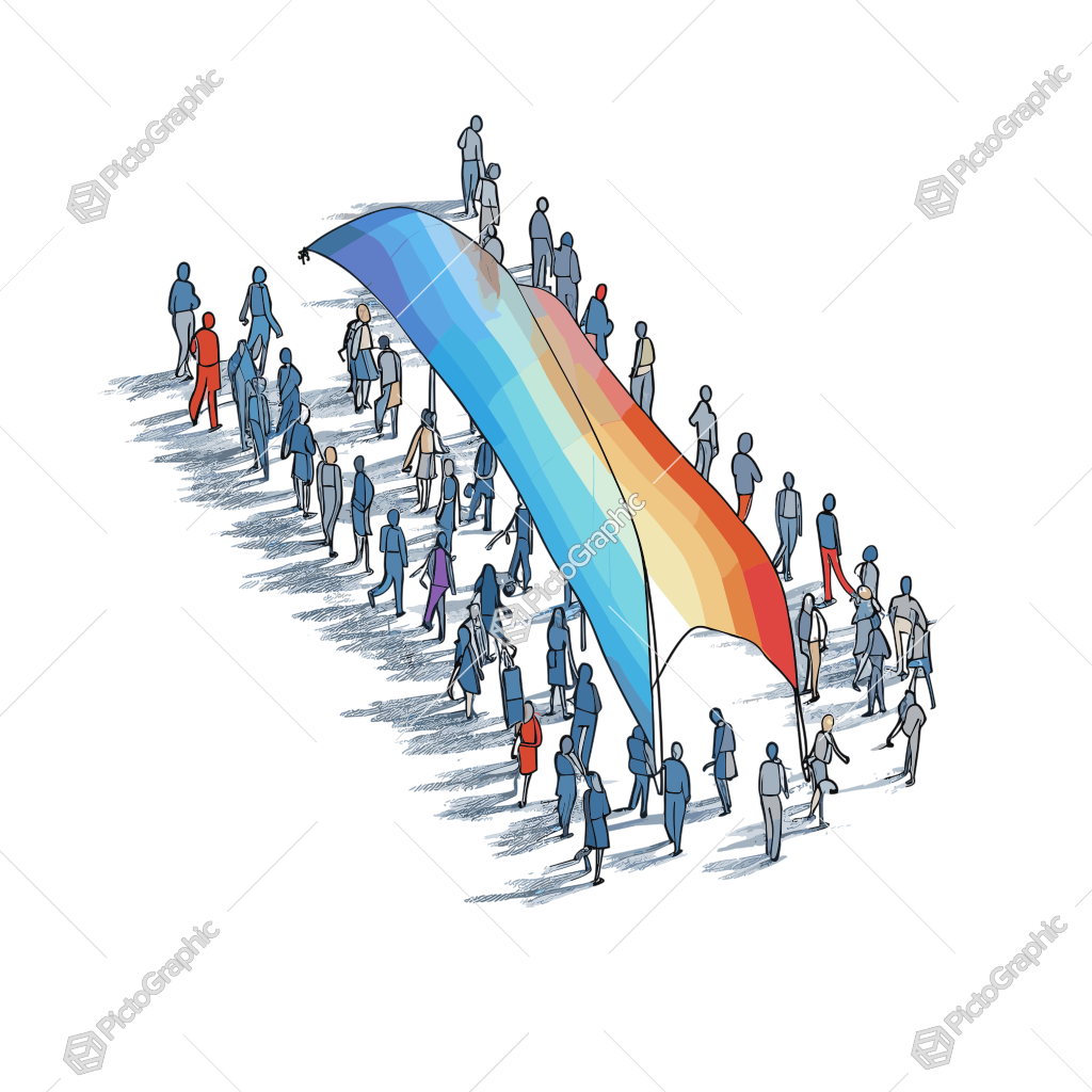 A crowd of stylized people is under a large, rainbow-colored ribbon.