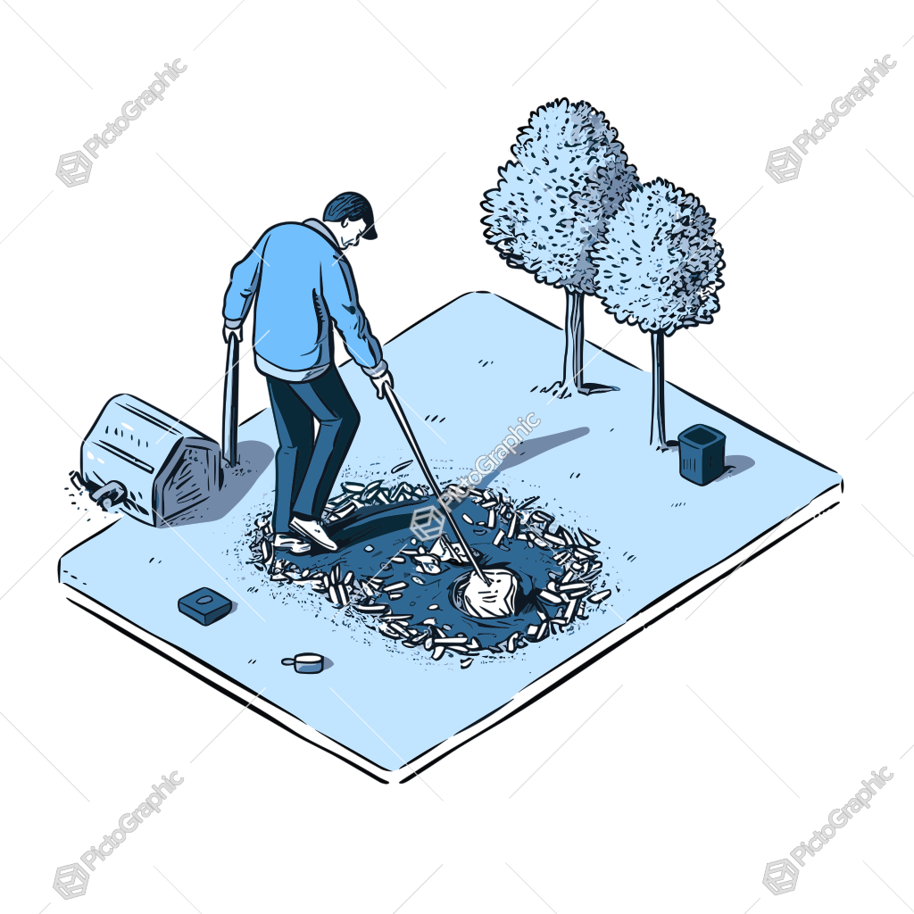 A man raking trash into a hole on an isolated patch of ground with trees and an overturned trash bin.