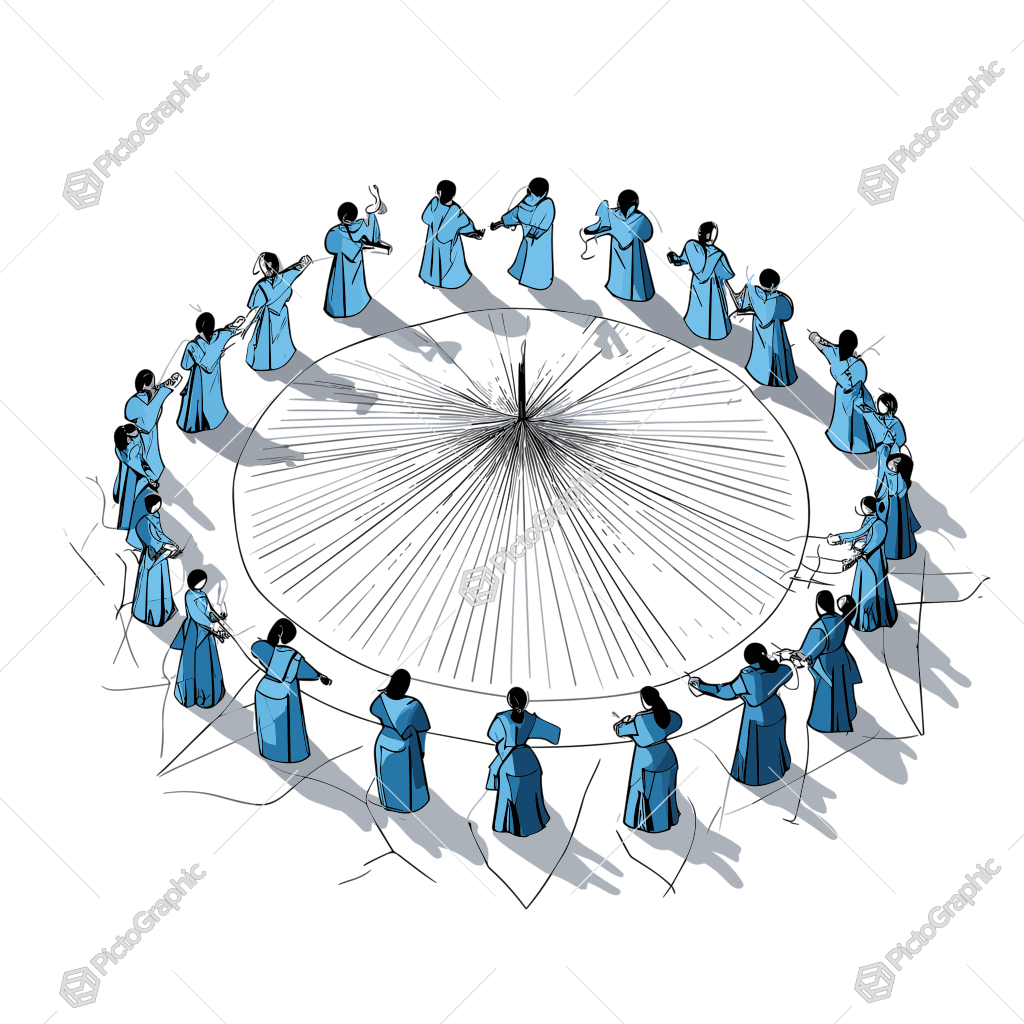 The image shows stylized women holding hands in a circle, creating a radial sunburst pattern.