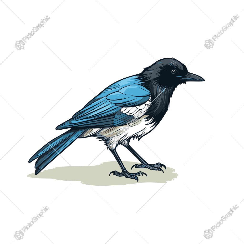 An illustrated magpie standing on the ground.