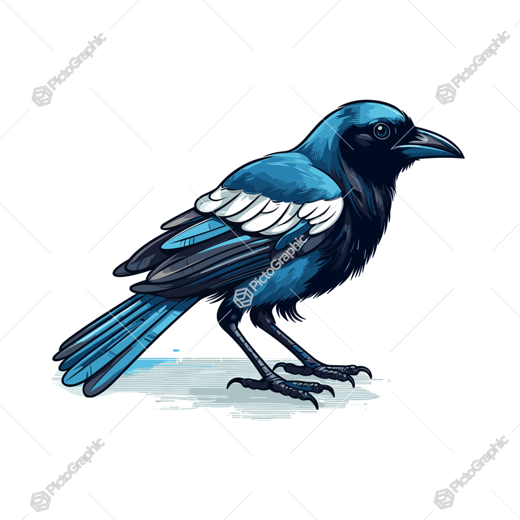 Illustration of a stylized blue and black bird.