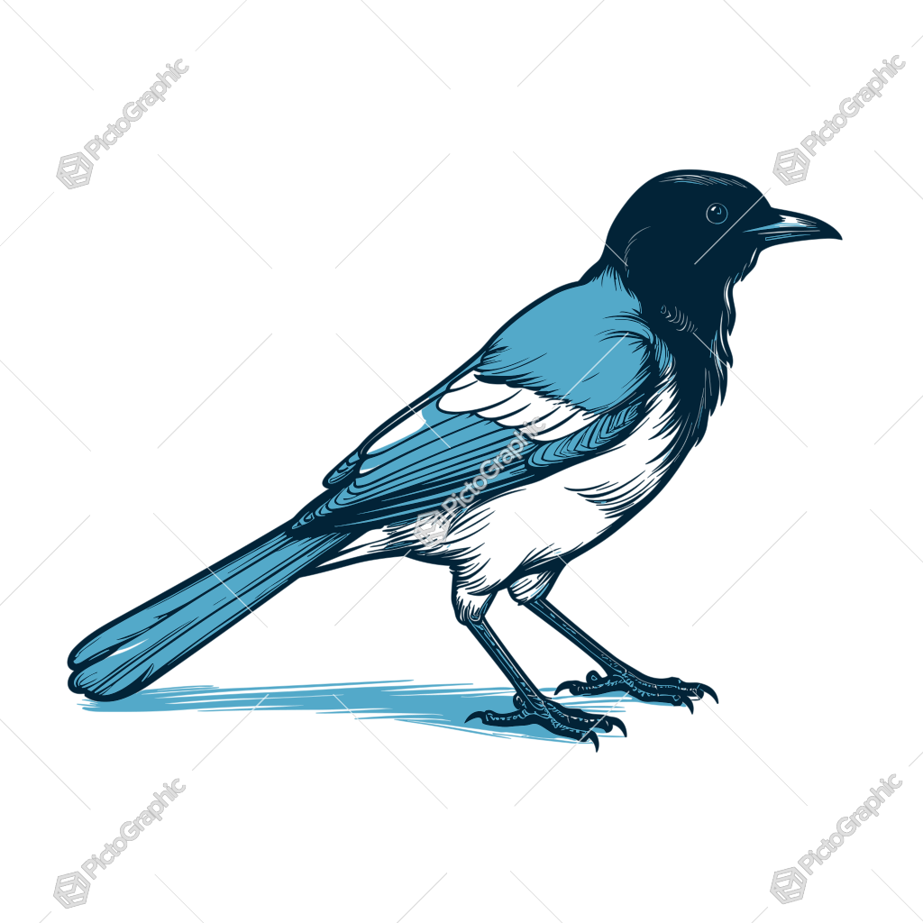 This image is a two-toned illustration of a bird, likely a magpie, standing in profile.