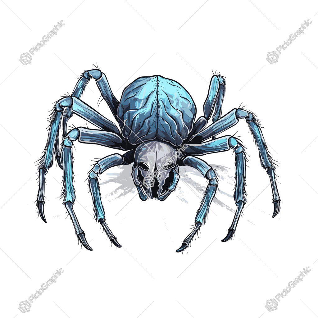 The image is a stylized illustration of a spider with a human skull-like body.