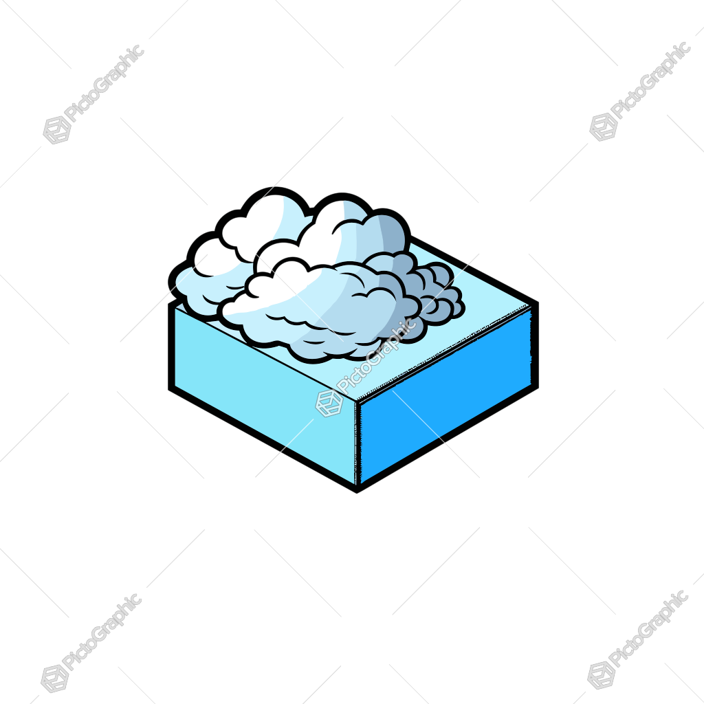 The image presents a cartoonish cube with sky blue sides and fluffy white clouds on top.