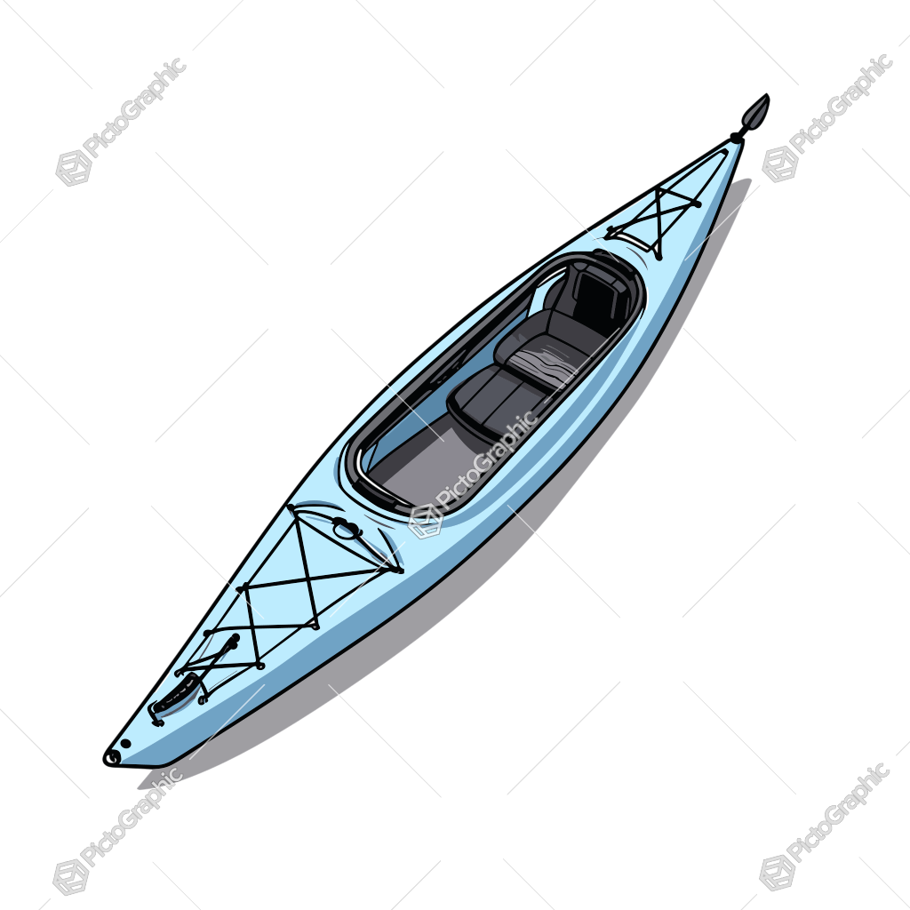 A drawing of a light blue single-person kayak.