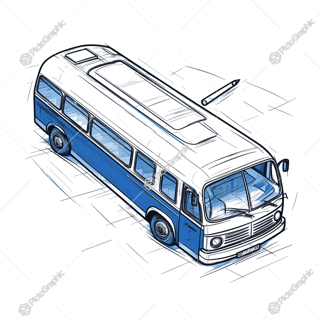 A sketch of a vintage bus with a pencil in the background.