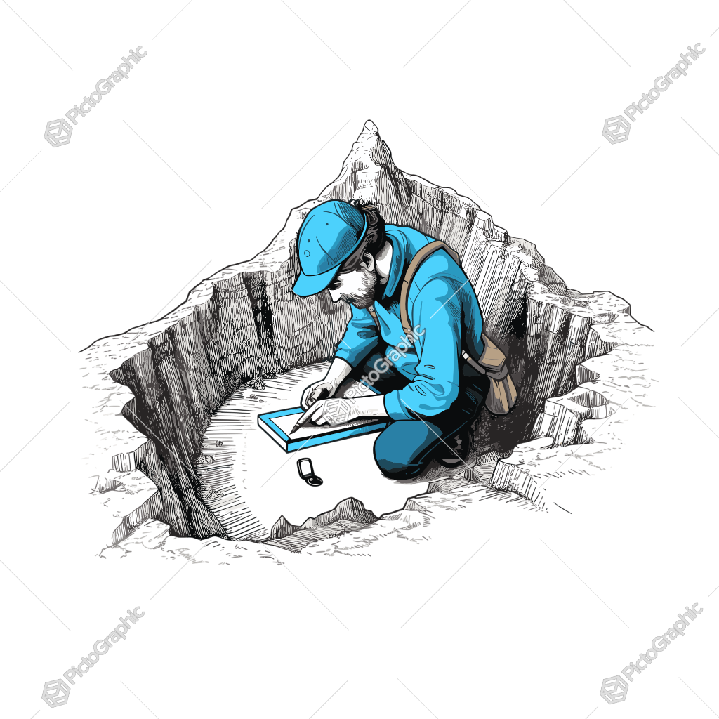 A man is crouched down writing in a book inside a gear-shaped hole.