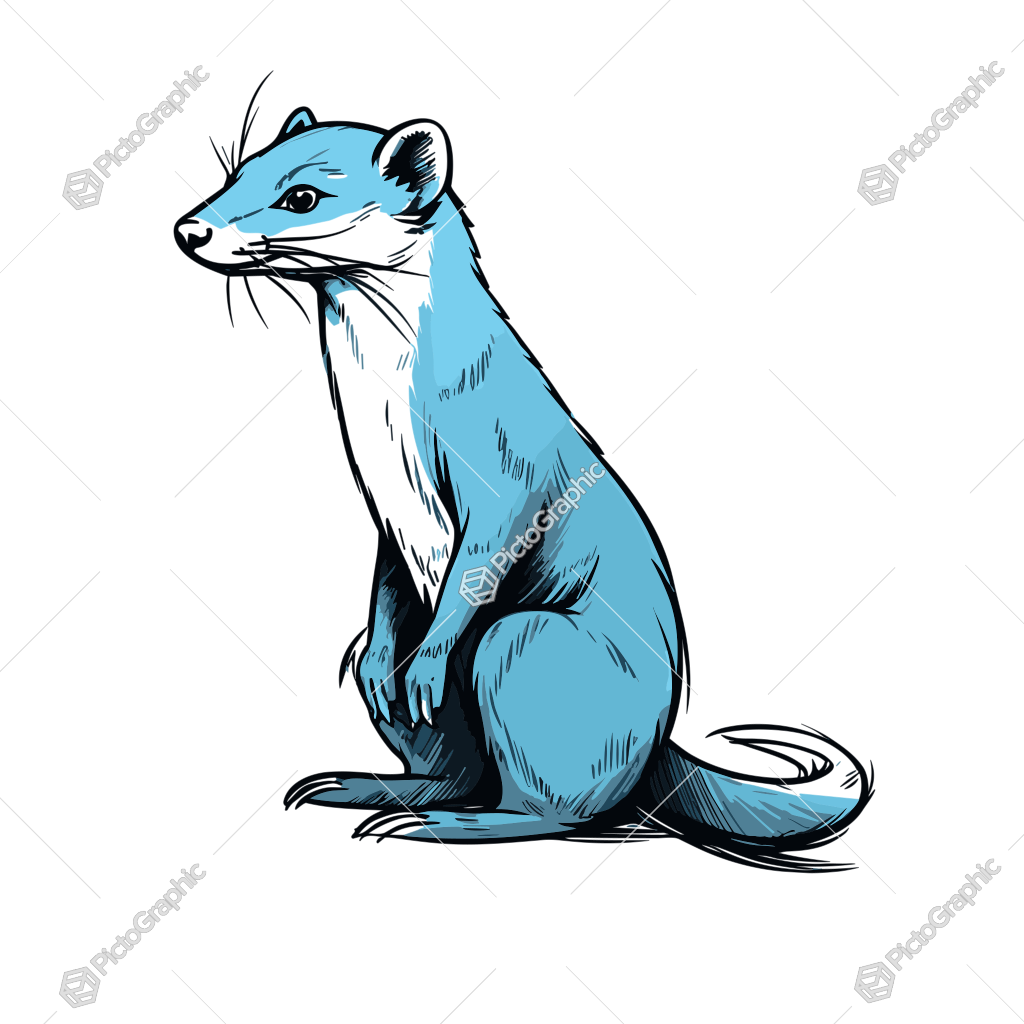 A drawing of a blue ferret seated on its hind legs