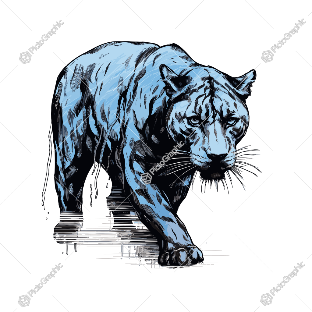 This is a stylized illustration of a blue tiger in a prowling pose.
