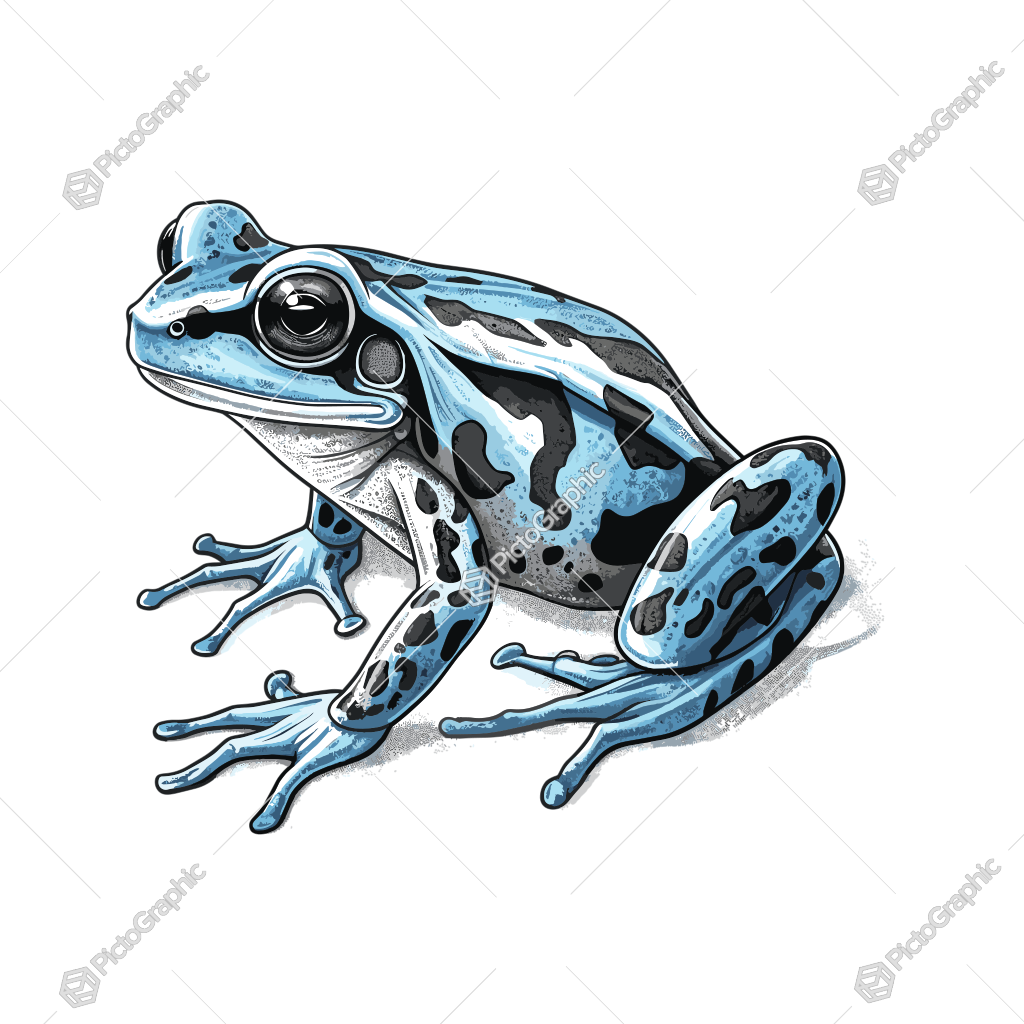 The image features a detailed illustration of a blue poison dart frog.