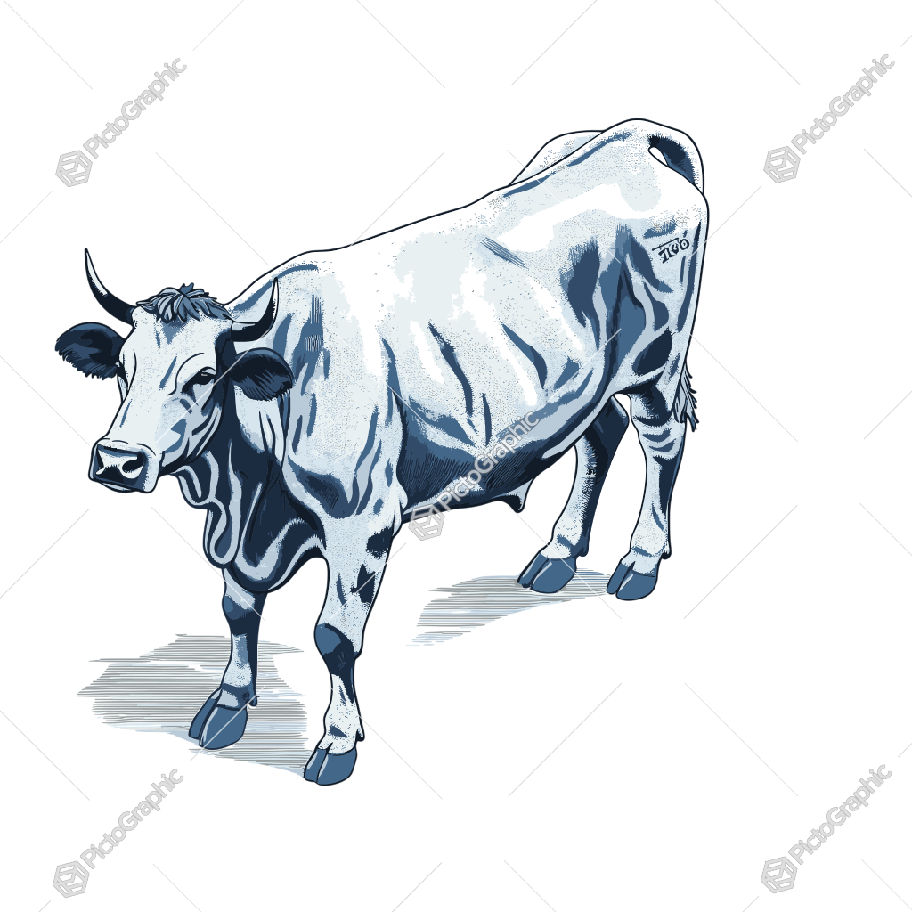 The image is an illustration of a chrome-like cow with a shadow cast on the ground.