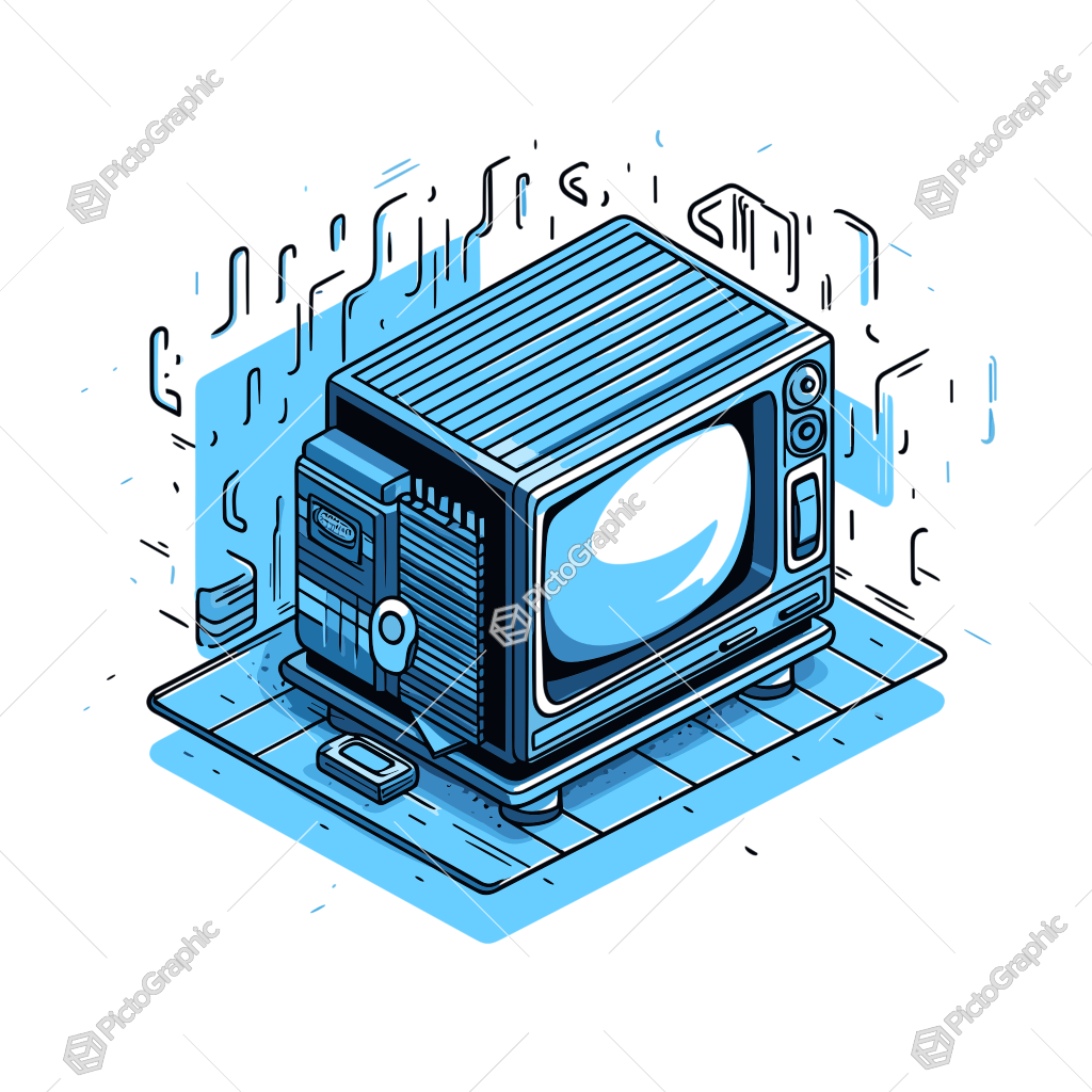 A retro television illustrated in a modern, isometric style with a surreal blue background.