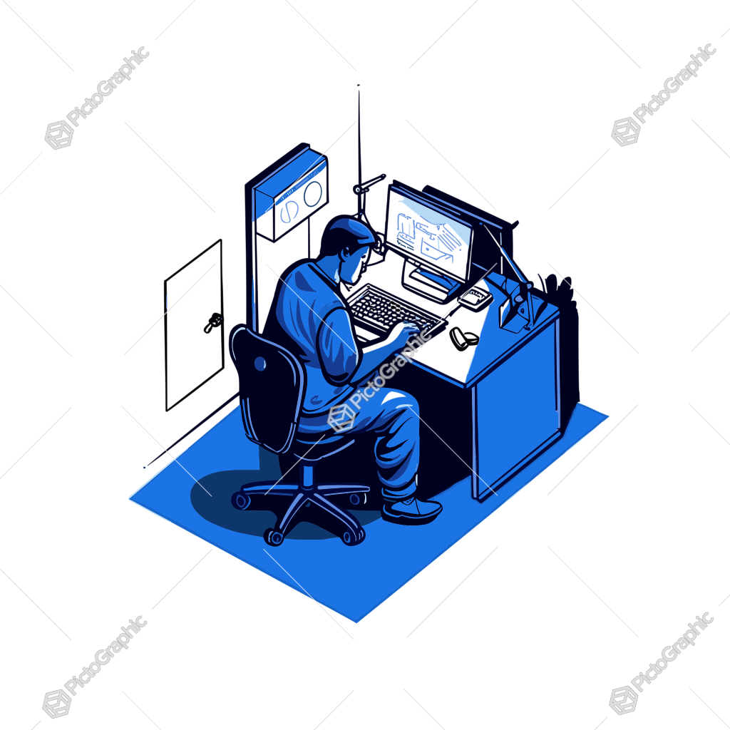 A person is working on a computer at a desk in a blue-colored room.