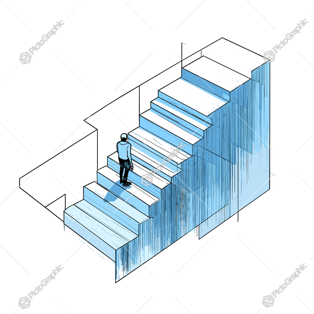 A person climbing a gradient blue staircase in a sketch-style illustration