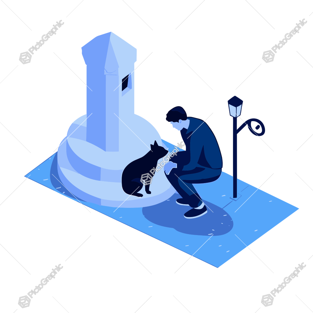 A person is kneeling to interact with a dog next to a monument and streetlamp in a stylized blue-themed illustration.
