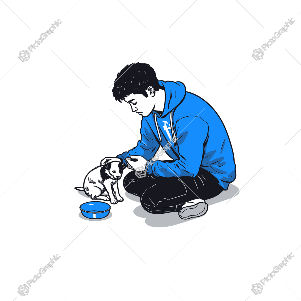 The image depicts a man interacting with a small dog beside a bowl.