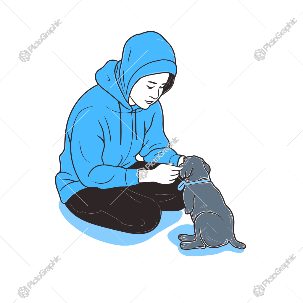 An illustration of a person in a blue hoodie interacting with a small dog