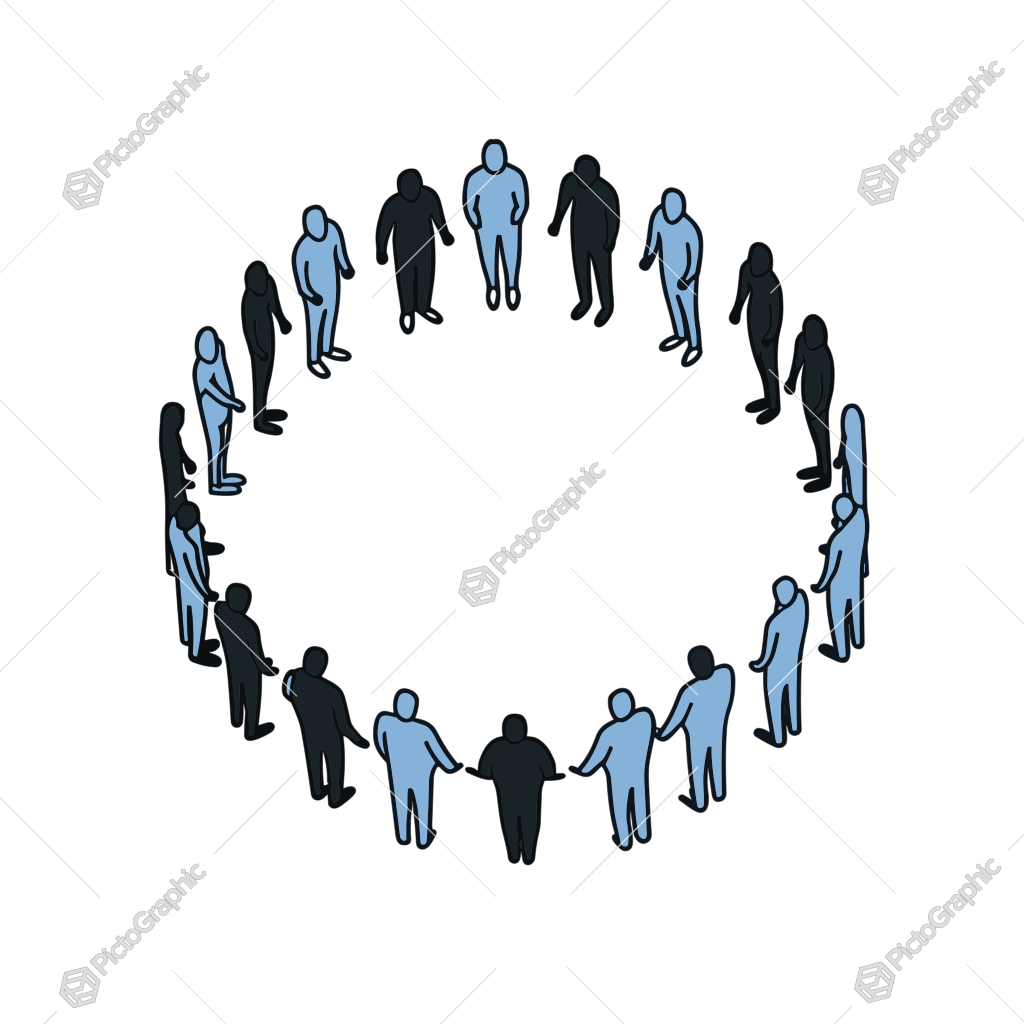 The image shows a group of simplified, two-tone human figures standing in a circle.