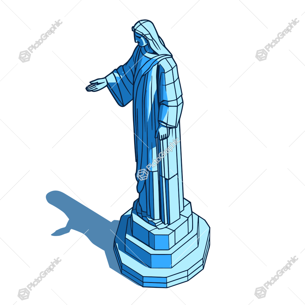 An illustration of a Christ the Redeemer-like statue in blue tones with outstretched arms.