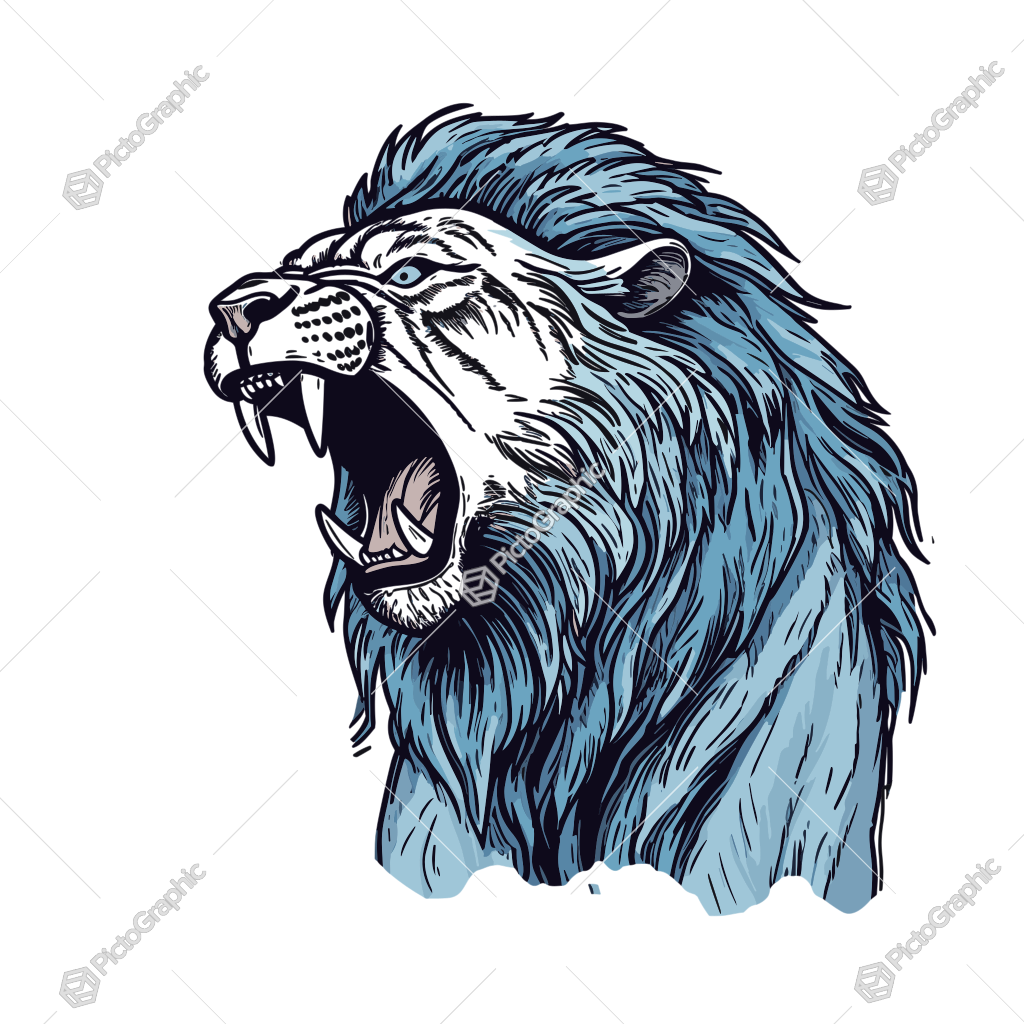 An illustrated blue-maned lion roaring.