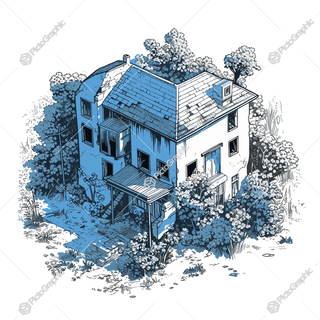 This is an illustration of a blue two-storey house with a detailed surrounding environment that includes trees and bushes.