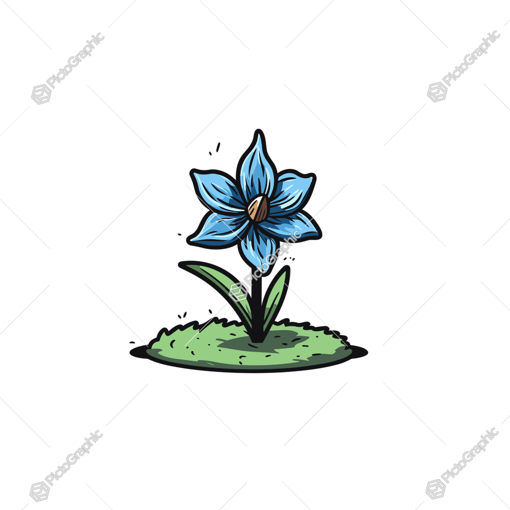 A cartoon-style blue flower with an orange center, green leaves, and grassy ground.