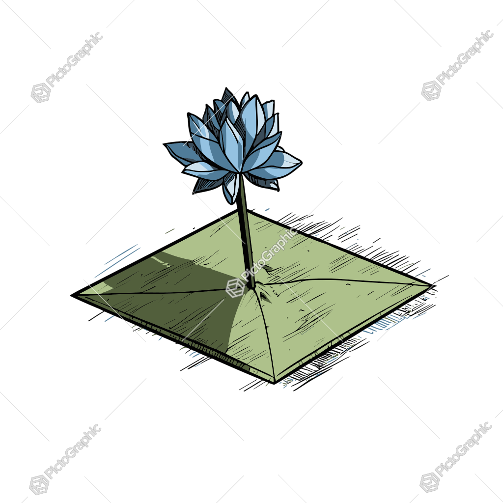 A blue lotus flower growing from a green, pyramid-shaped base.