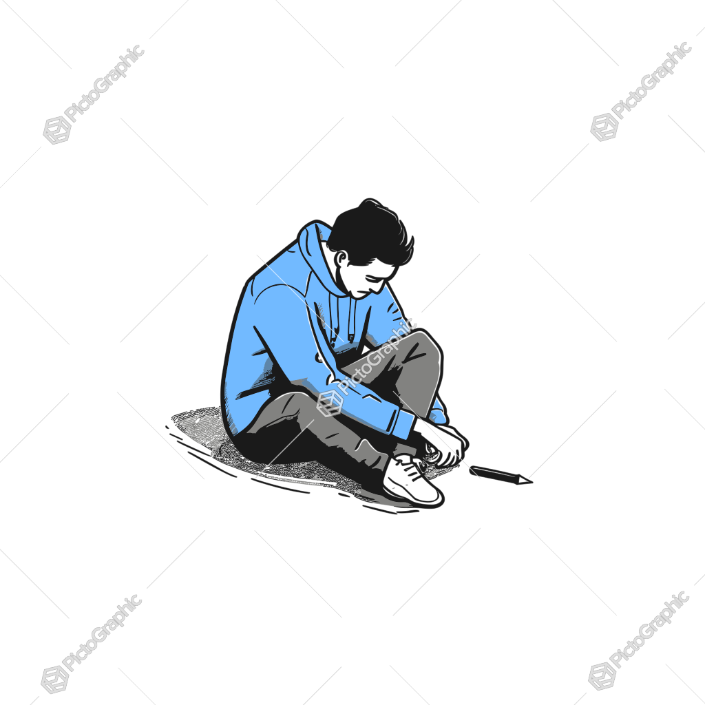 A stylized illustration of a person sitting on the ground with a fallen pencil in front.